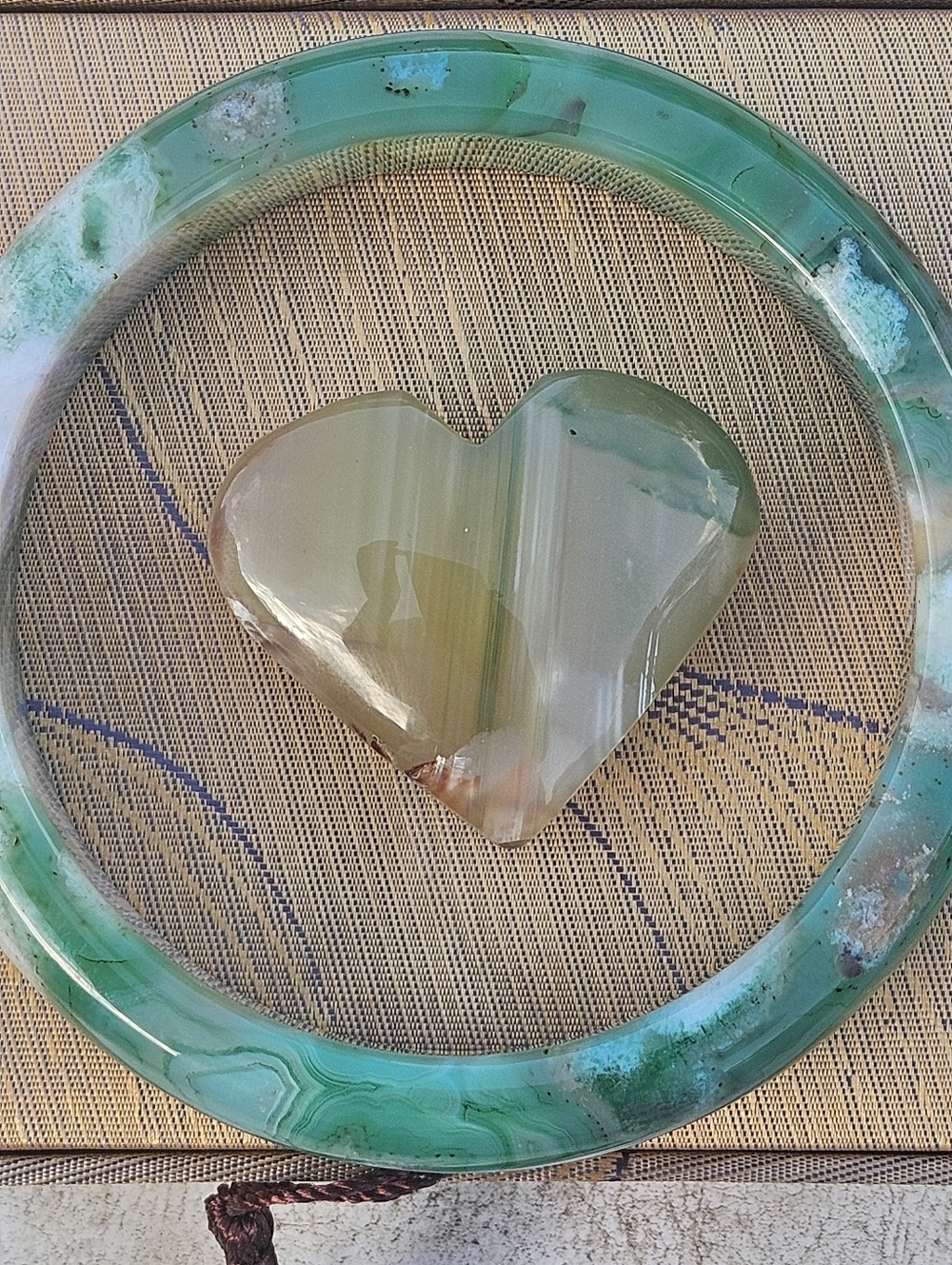 Elegant Green Flower Agate Hard Bangle W/ Free Flower Agate Heart